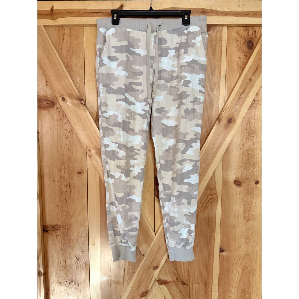 Lucky Brand Womens M Camo Linen Blend Jogger Pants Beige Camouflage Drawstring